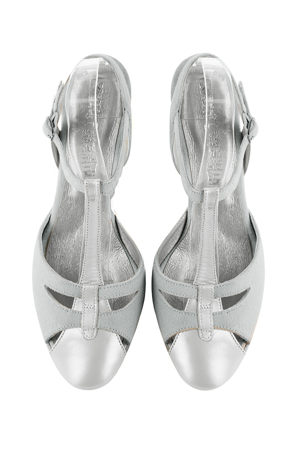 Light silver and pearl grey women's open back T-strap shoes. Round toe. High kitten heels. Top view - Florence KOOIJMAN